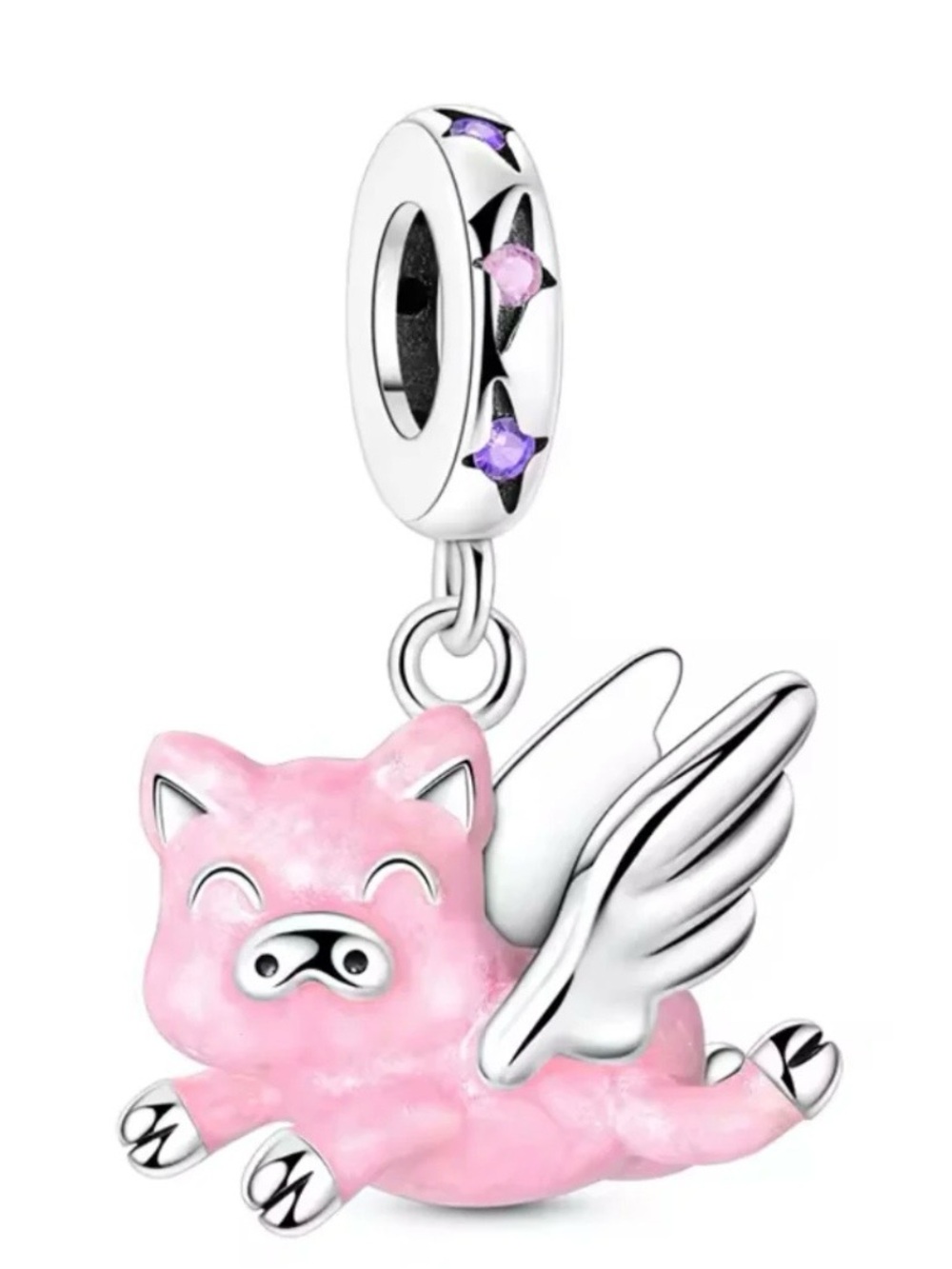 925 Flying Pig Charm Pink Winged Pig Dangle Sterling Silver